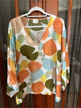 Suzanne Betro Orange Multi-Color V-Neck Tunic Top